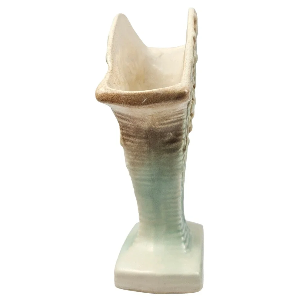 Vintage Ceramic Fan Vase Embossed Grape‎ Leaf Seafoam Green Brown Mid Century